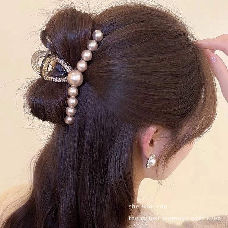Women’s Minimalist Classic Style Color Block Alloy Inlay Crystal Pearl Hair Claws