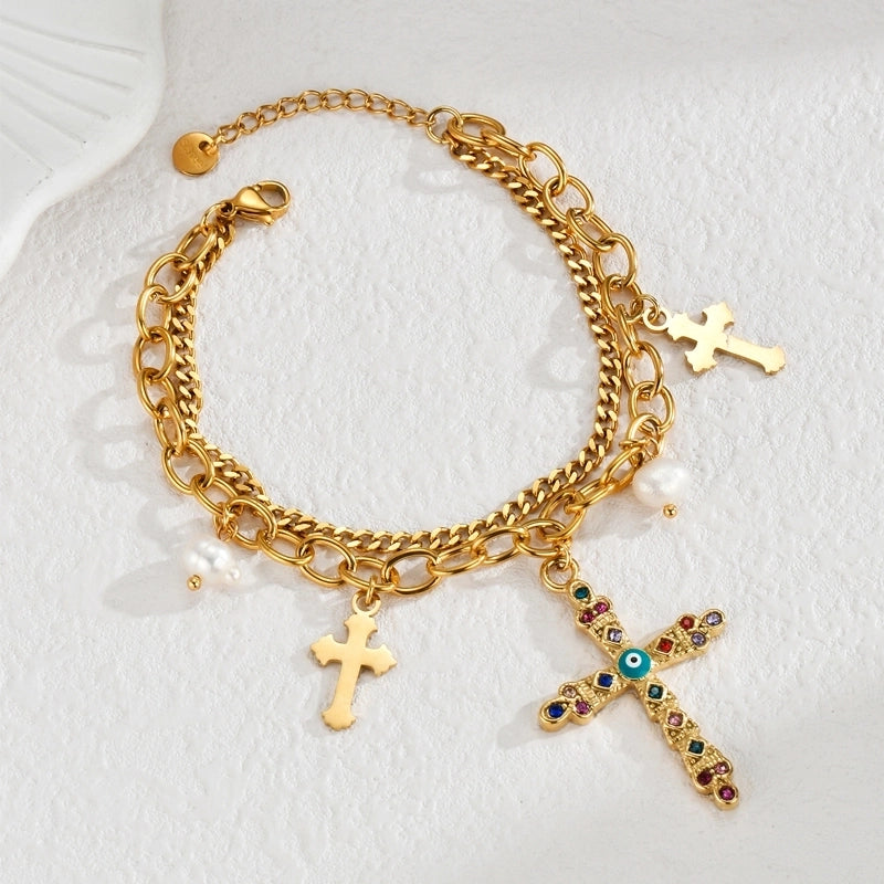 Hip-Hop Cross 304 Stainless Steel 18K Gold Plated Jewelry Set