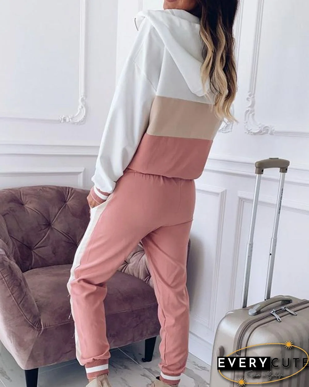 Casual Color Block Zipper Hoodie Sweatshirt&Pants Set