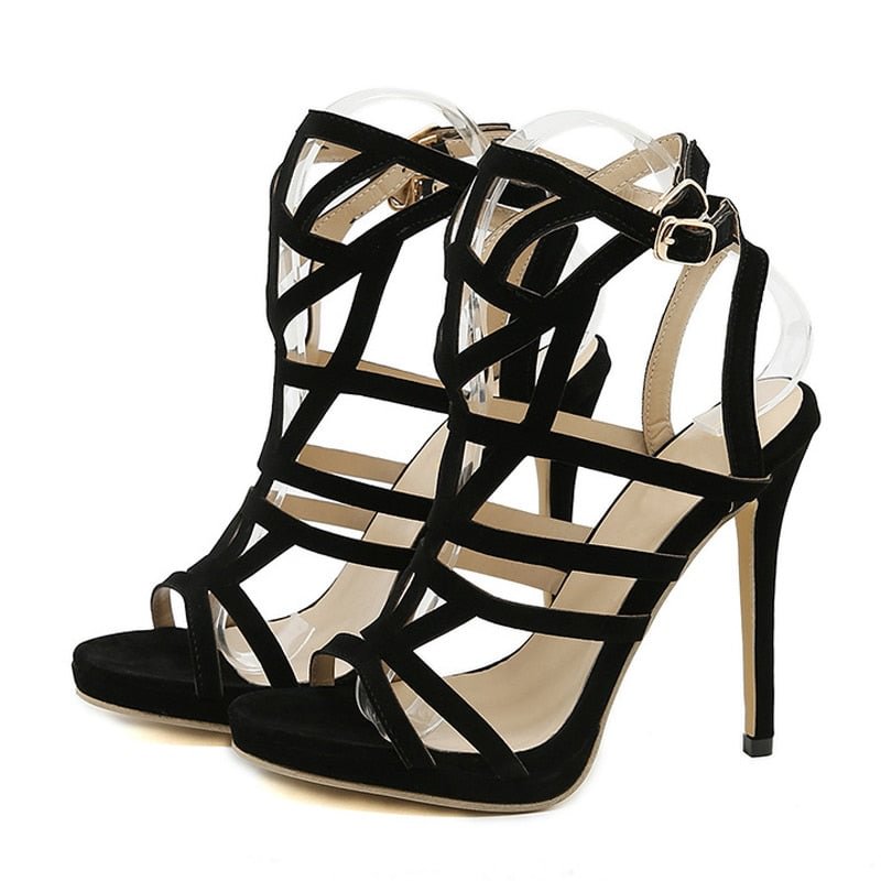 Summer Thin High Heels Suede Hollow Gladiator Womens Sandals Fashion Sexy Solid Color Double Buckle Nightclub Dress Shoes Pumps