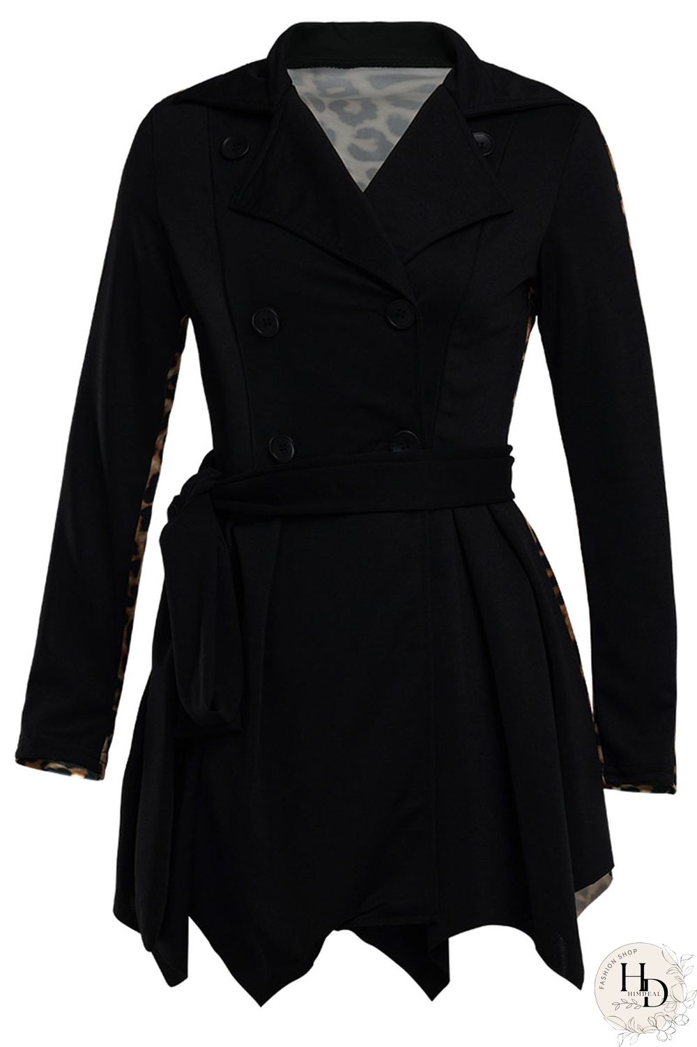 Black Fashion Leopard Camouflage Print Split Joint POLO collar Asymmetrical Dresses