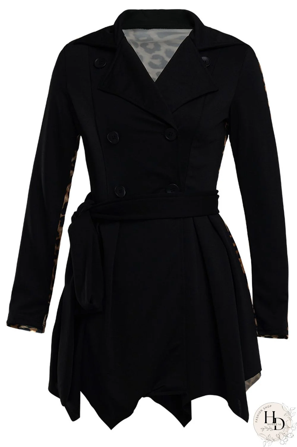 Black Fashion Leopard Camouflage Print Split Joint POLO collar Asymmetrical Dresses