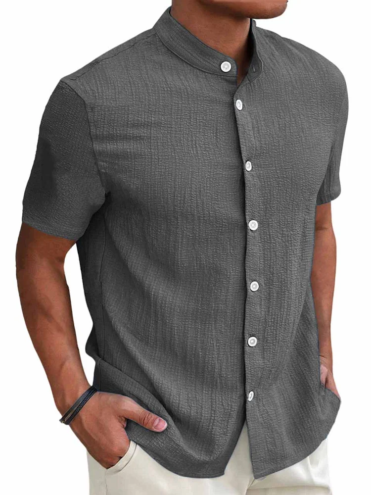 Men's Hawaiian Casual Pleated Fabric Stand Collar Short Sleeve Shirt