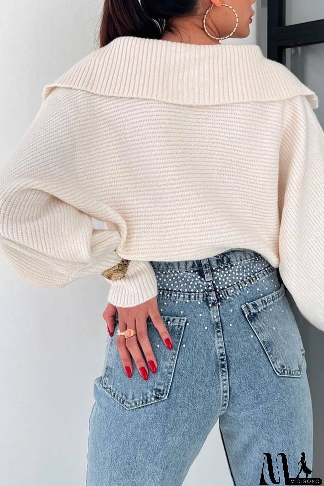 MidiSono - Lapel V Neck Puff Sleeve Sweater