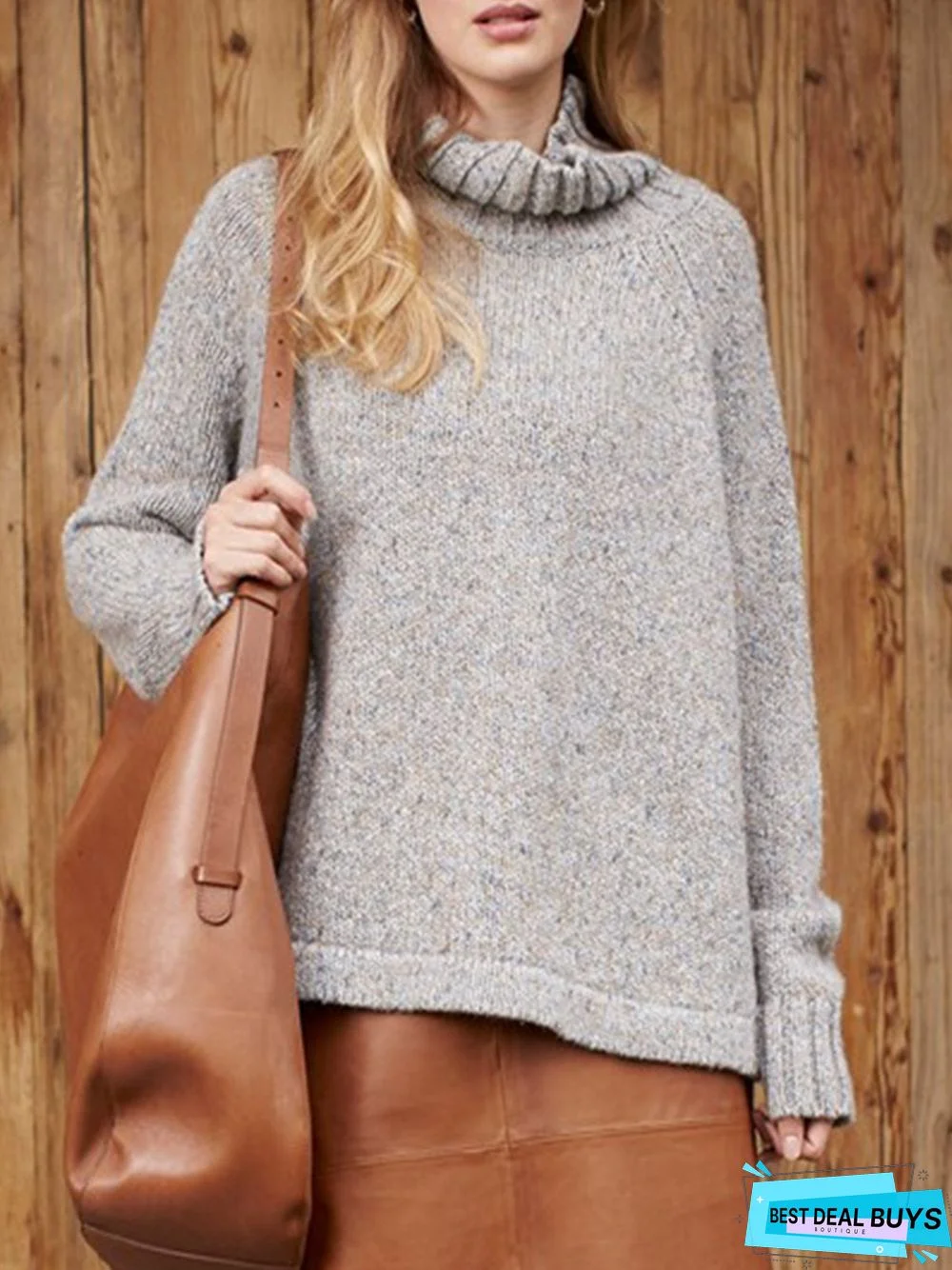 Grey Knitted Turtleneck Casual Plus Size Sweater