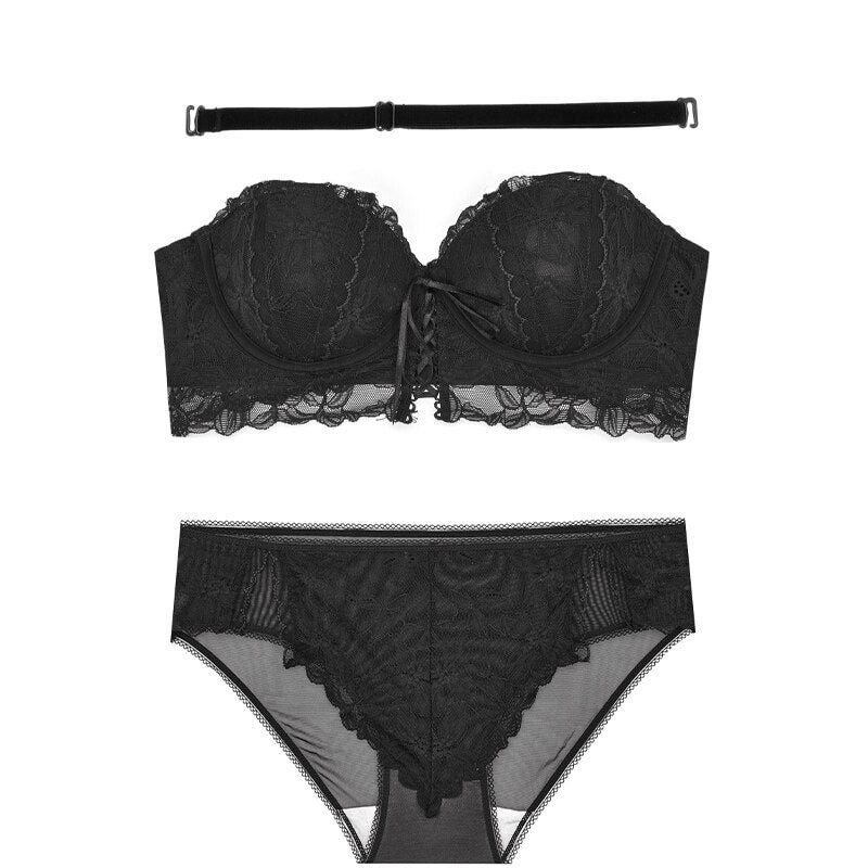Meet'r Classic Bandage Lace Bra Set Push Up Brassiere Lingerie Gathered Sexy Women Transparent Panties Female Underwear Set