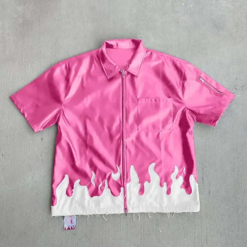 Aonga Aesthetic geometric flame patchwork embroidery high quality PU leather short-sleeved POLO shirts womens y2k popular casual tops aonga