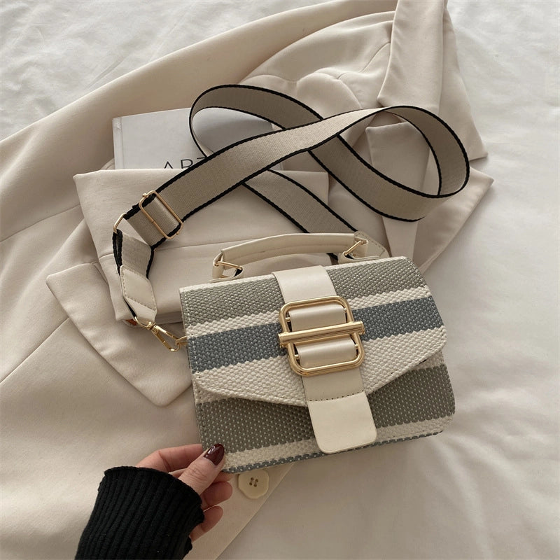 Women’s Pu Leather Stripe Classic Style Sewing Thread Square Magnetic Buckle Flip Cover Crossbody Bag