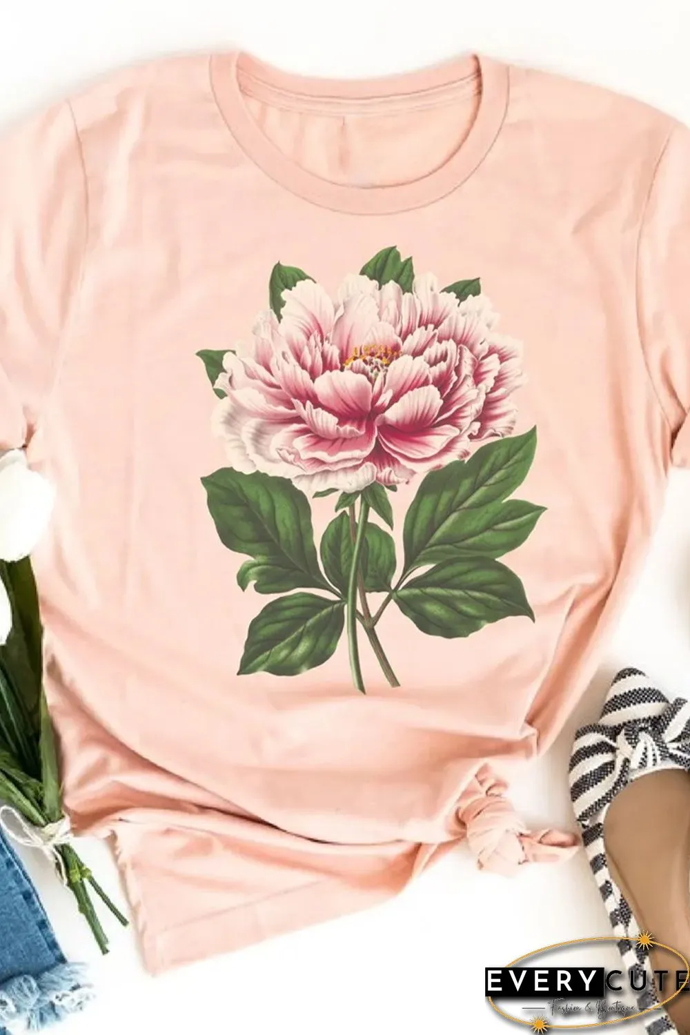 Pink Flower Print Crewneck Short Sleeve Top