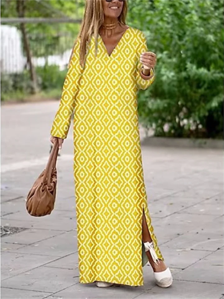 Women's Long Dress Maxi Dress Casual Dress Satin Dress Print Dress Geometric Streetwear Modern Outdoor Daily Holiday Split Print Long Sleeve V Neck Dress Regular Fit Yellow Wine Red Summer Spring S M-JRSEE