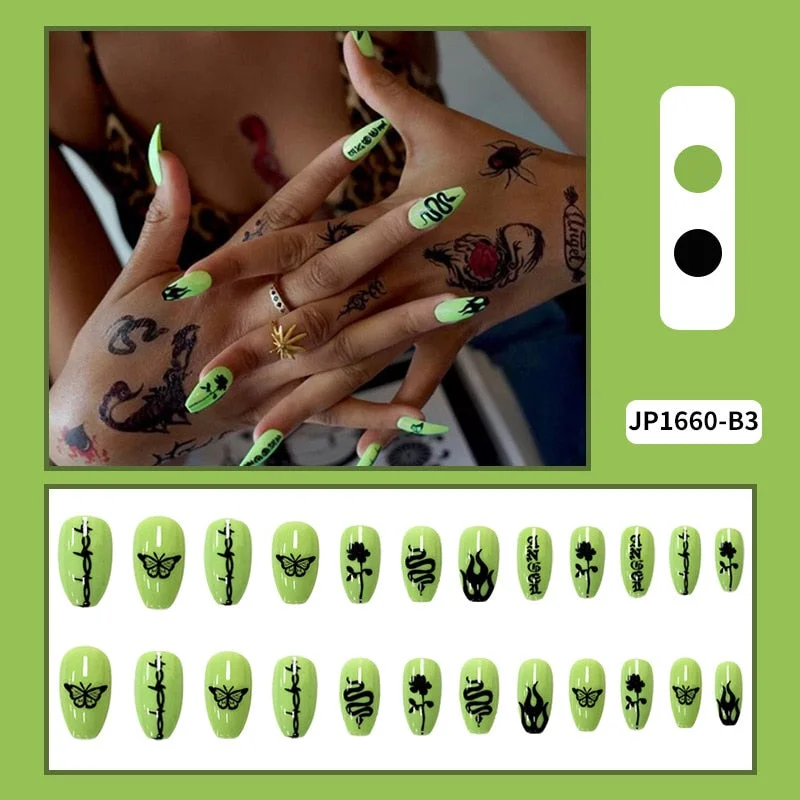 24PCS Dark Punk False Nails with Glue Gradient Long Detachable Fire Dragon  on Nails Skull Flame Art DIY Fashion Manicure Tool-Nail Inspo