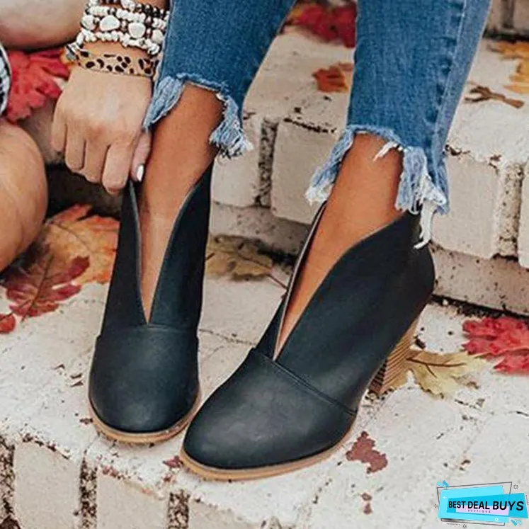 Foreign Trade Martin Boots for Women Autumn and Winter New HOTan and NEWn Large Size Thick Heel Slimming Solid Color V Cut High Heel Boots