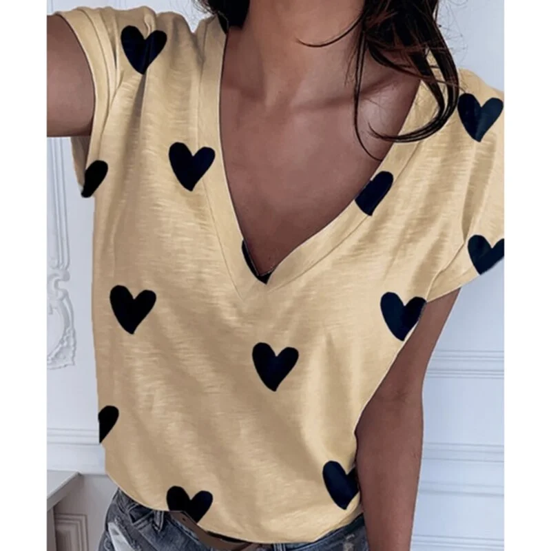 Heart Print Women Shirt Blouse Plus Size 2020 Casual Summer Short Sleeve Loose Shirt Ladies Streetwear Tops Blusa Clothing