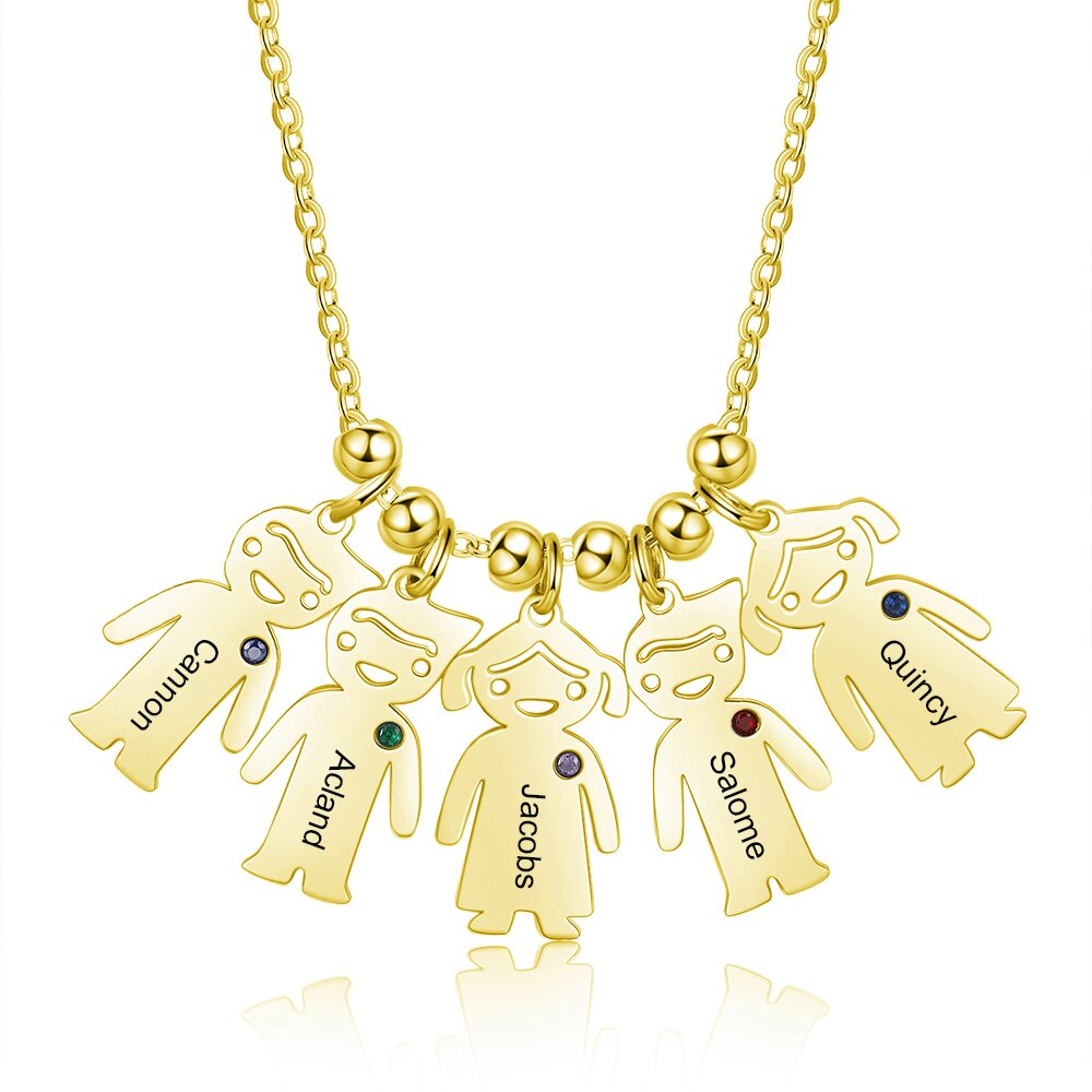 Personalized Kids Charm Necklace With 5 Birthstones Engraved Names Gift