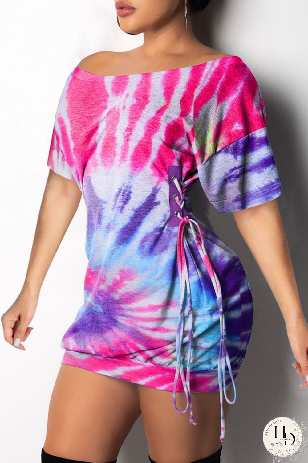 purple Fashion Sexy Patchwork Print bandage One word collar Hip skirt Dresses