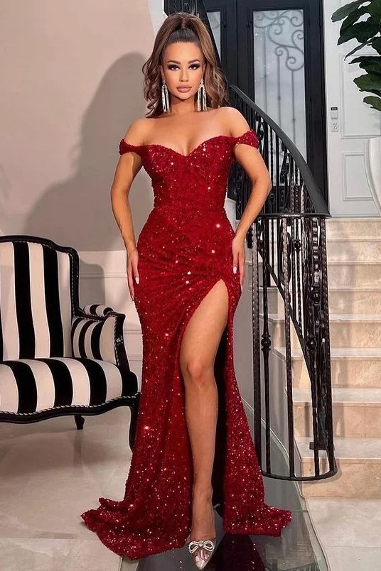 open lace back dress 2024 Long Red Sequins Prom Dress with Slit – loveangeldress
