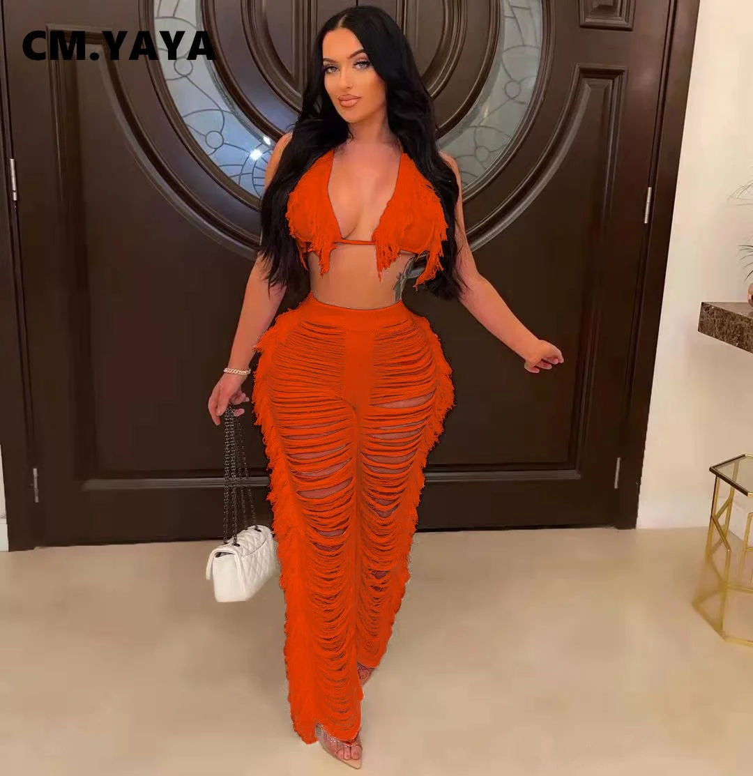 CM.YAYA Sexy Beach White Women 2pcs Set Tassel Crop Tops and Hole Wide Leg Pants Set Sweatsuit Tracksuit Two Piece Set Outfits