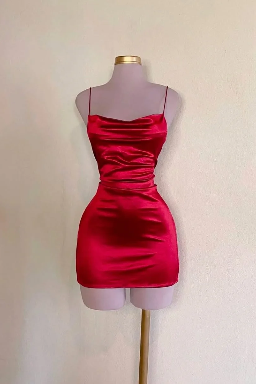Daisda Red Spaghetti Straps Sleeveless Square Homecoming Dress