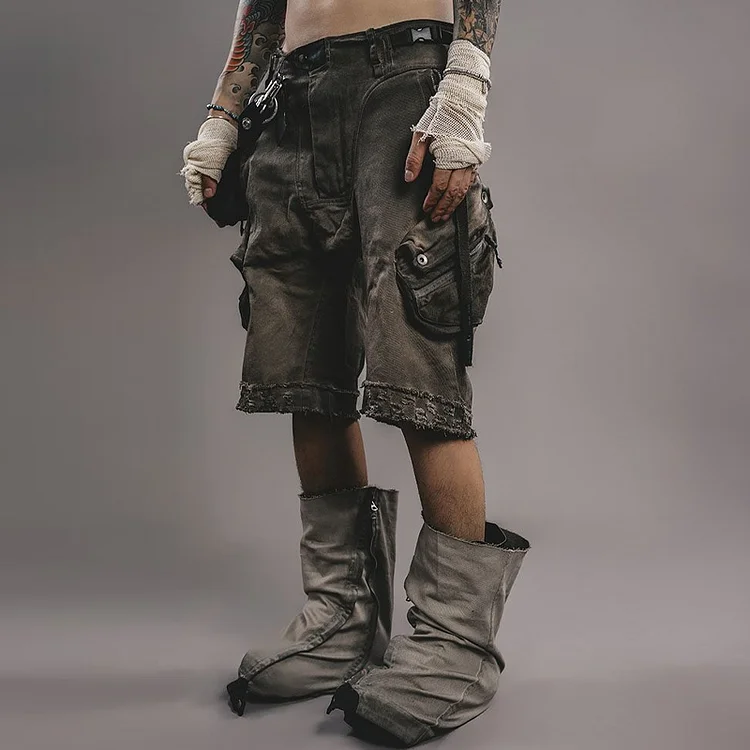 Wasteland Style 3d Three-Dimensional Pocket Distressed Hole Casual Shorts