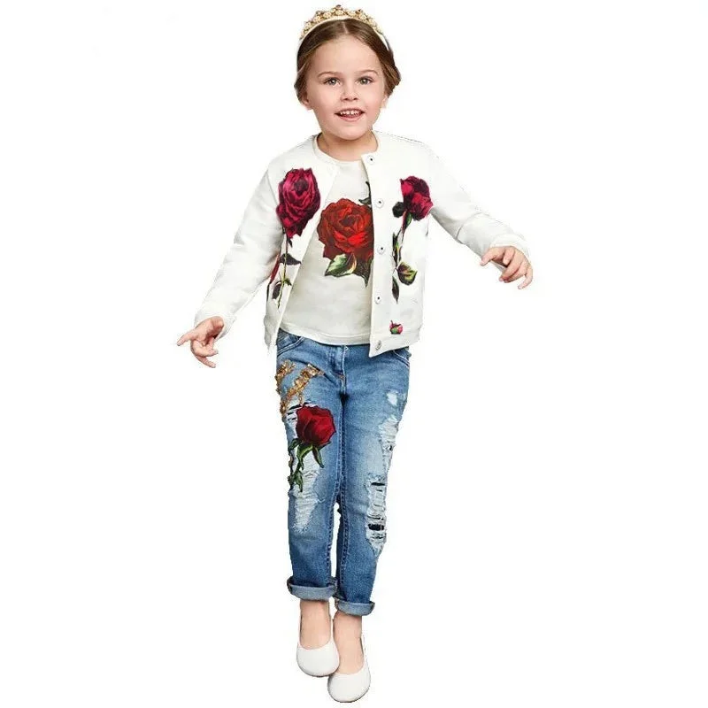 Newest Girls Rose Jacket Top Jeans Clothes
