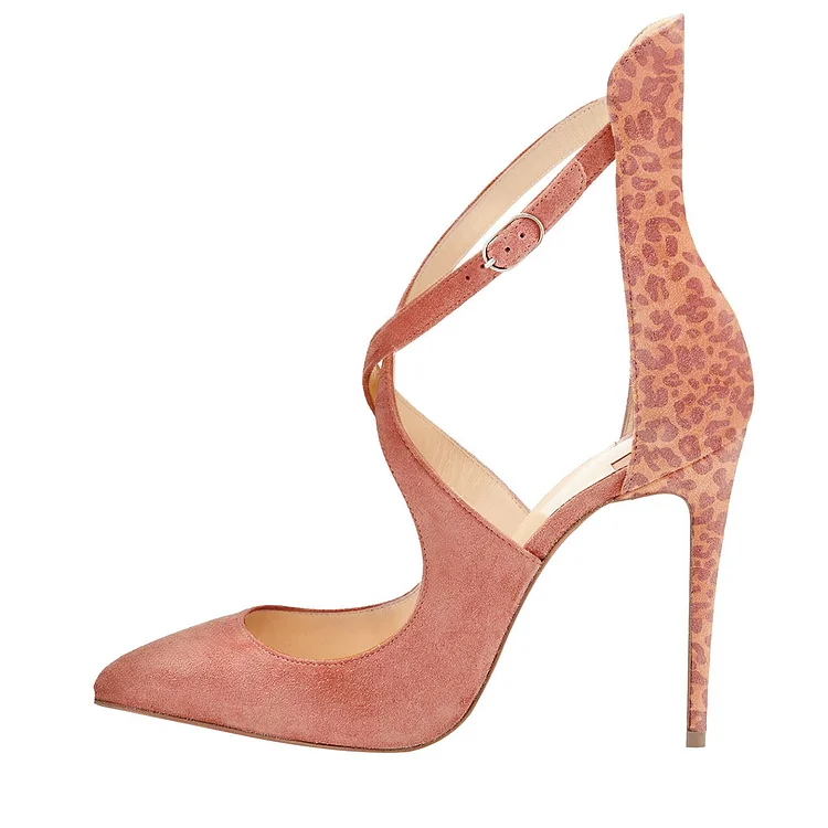 Pink Stiletto Heels Closed Toe Sandals Cross-over Strap Suede Shoes |FSJ Shoes