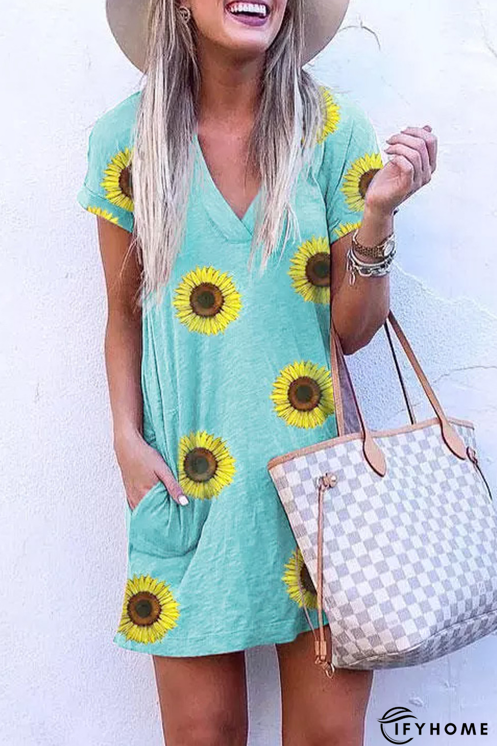 Short Sleeve V Neck Sunflower Print Mini Dress with Pocket | IFYHOME