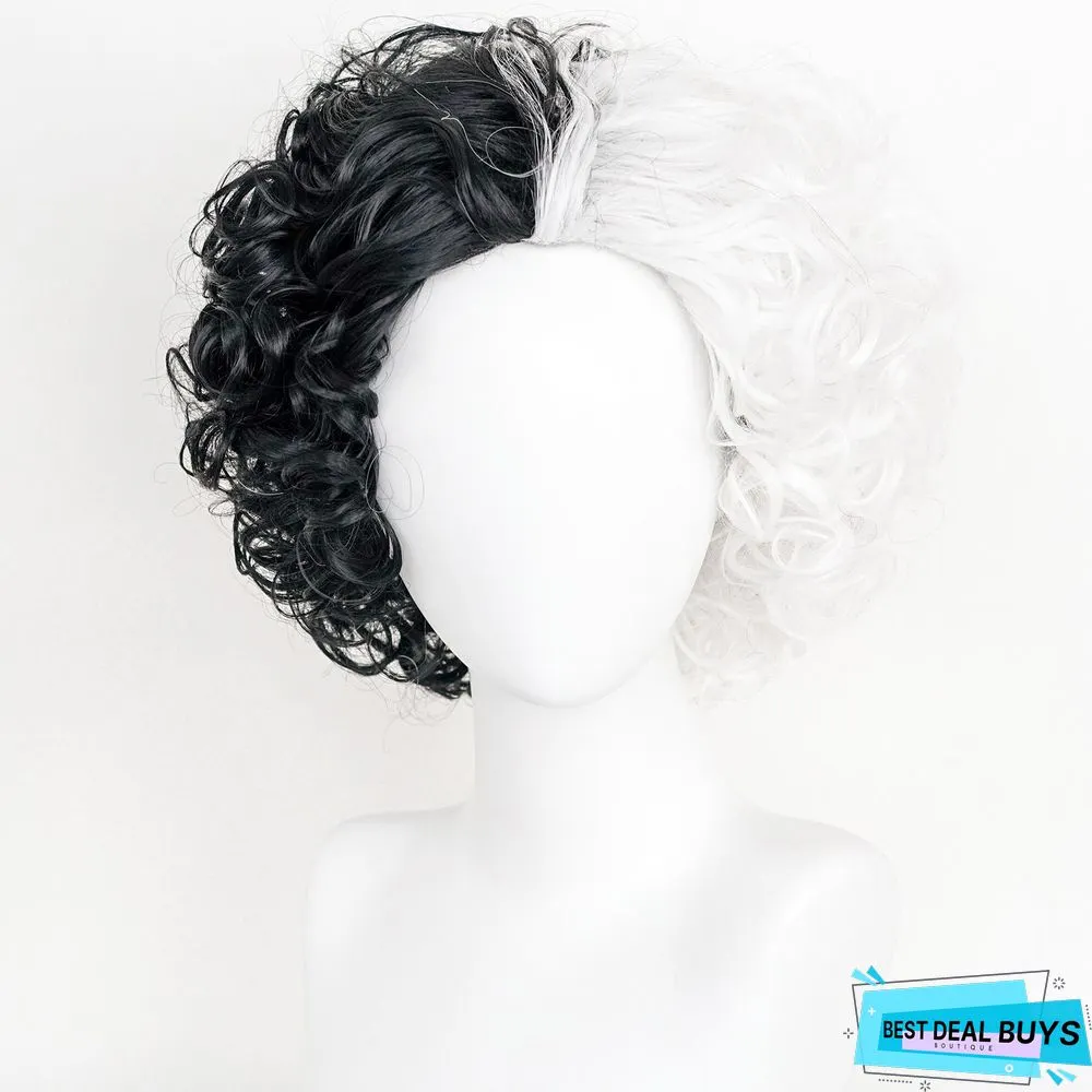 Ladies Cos Wig Black and White Witch Short Curly Hair