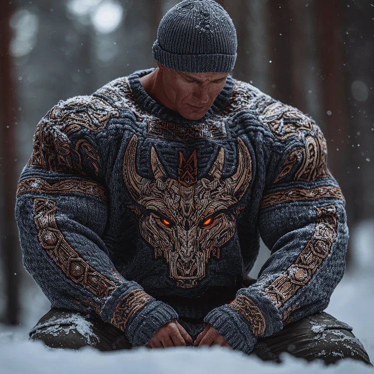 Men's Viking Tribal With Dragon Art Inspired Winter Warmth Knit Woolen Sweater