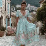 Women's Vintage Floral Embroidery Short Sleeve Dress - Image 2