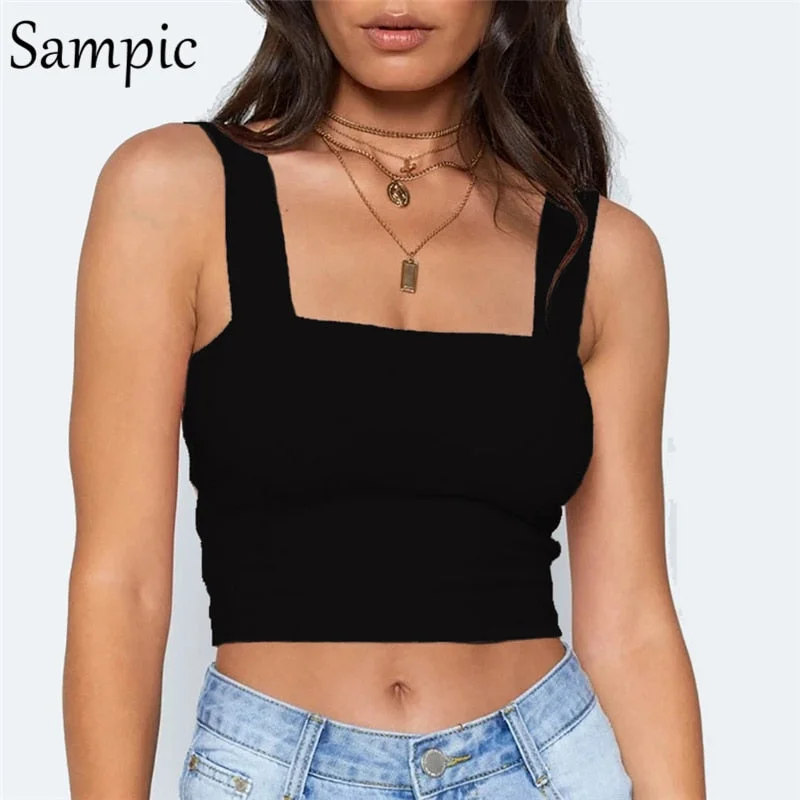 Sampic Square Collar White Black Summer Casual Women Crop Tops Short Vest Club Outfits Strap Off Shoulder Tank Tops Camis 2020