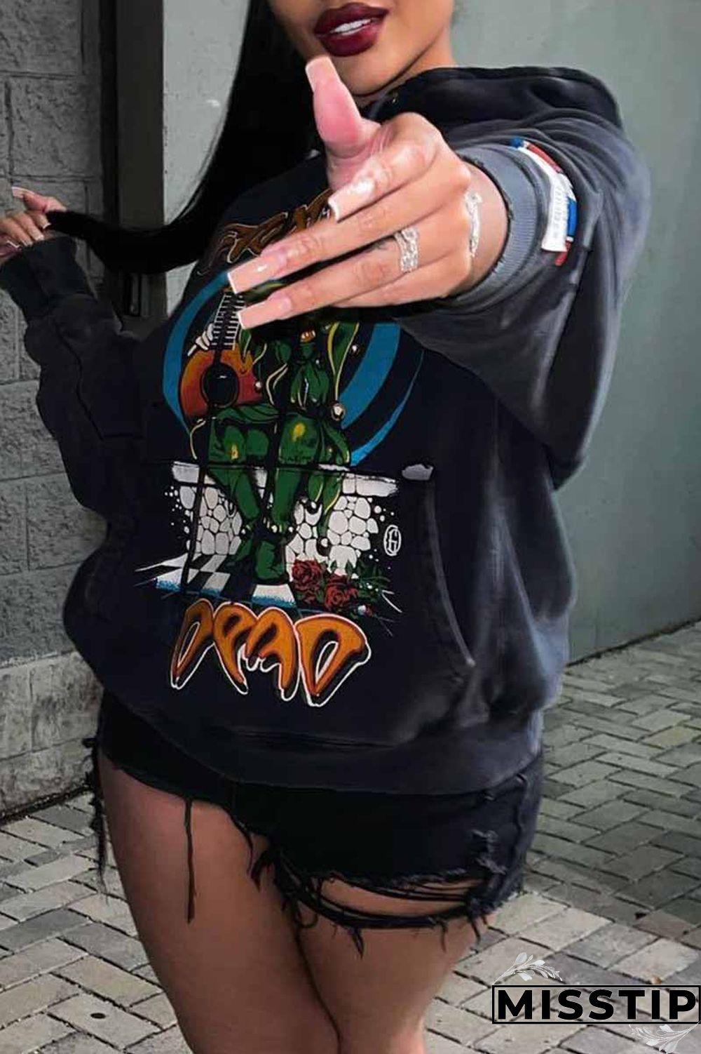 Black Street Print Letter Hooded Collar Tops