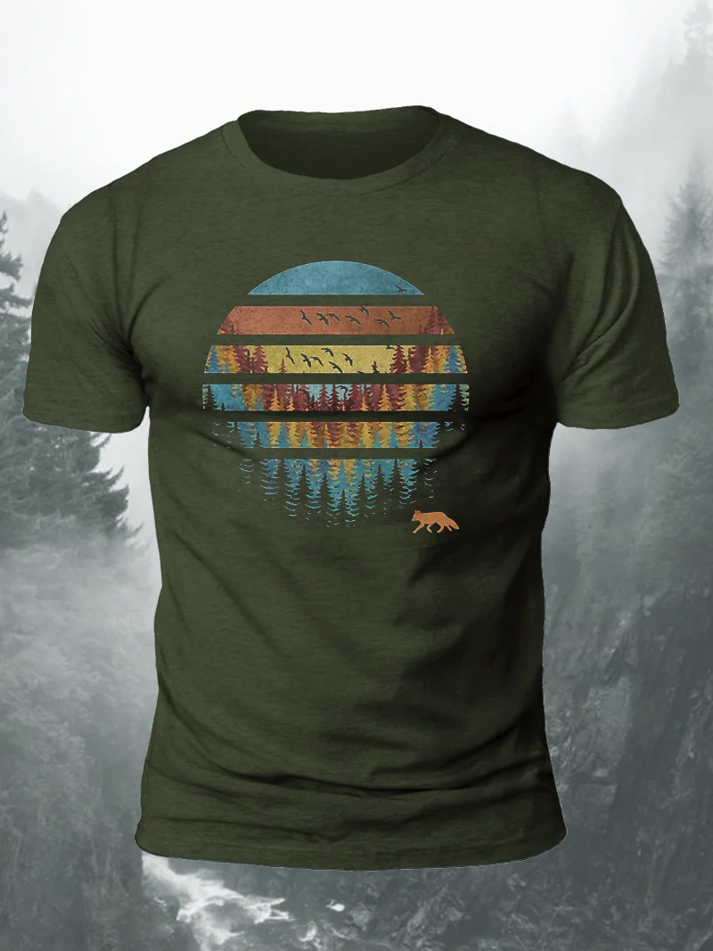 Retro Forest Sunset Fox Print Short Sleeve Men's T-Shirt in  mildstyles
