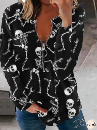 Loose Print Zip Long Sleeve T-Shirt