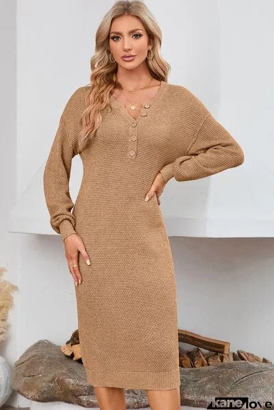 Half Button Long Sleeve Midi Sweater Dress