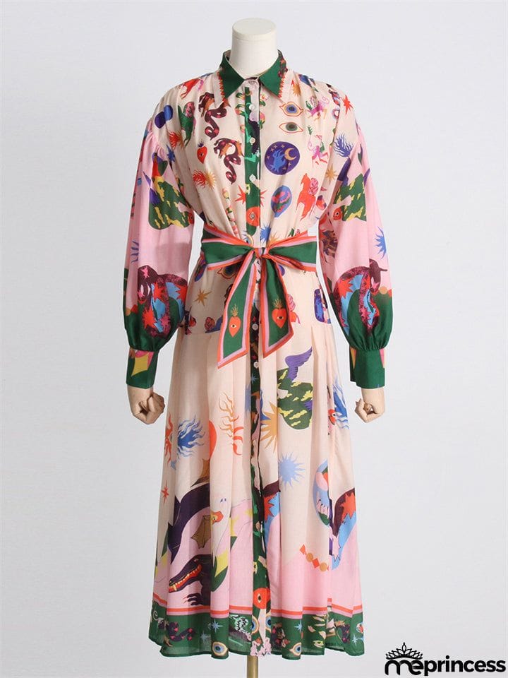 Bohemian Casual Lapel Button Lantern Sleeve Printed Ladies Dress