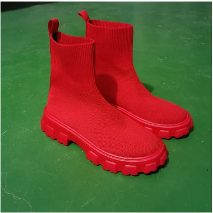 Qengg Qengg New 2023 Martin Round Boots Knit Ankle Boots Fall And Winter Thick Bottom Heel Low Top Fly Large Size