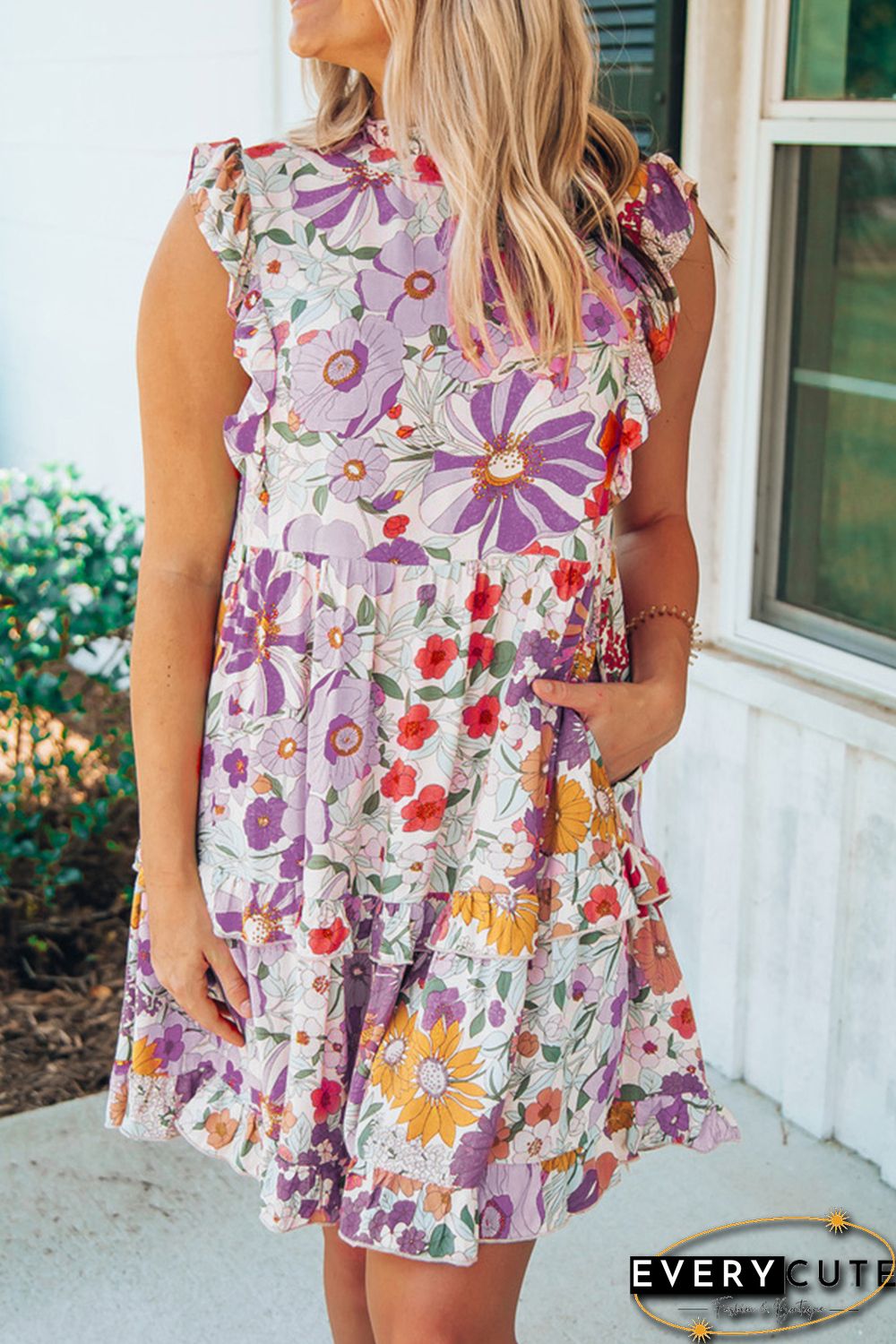 Purple White Ruffled Tank Floral Dress