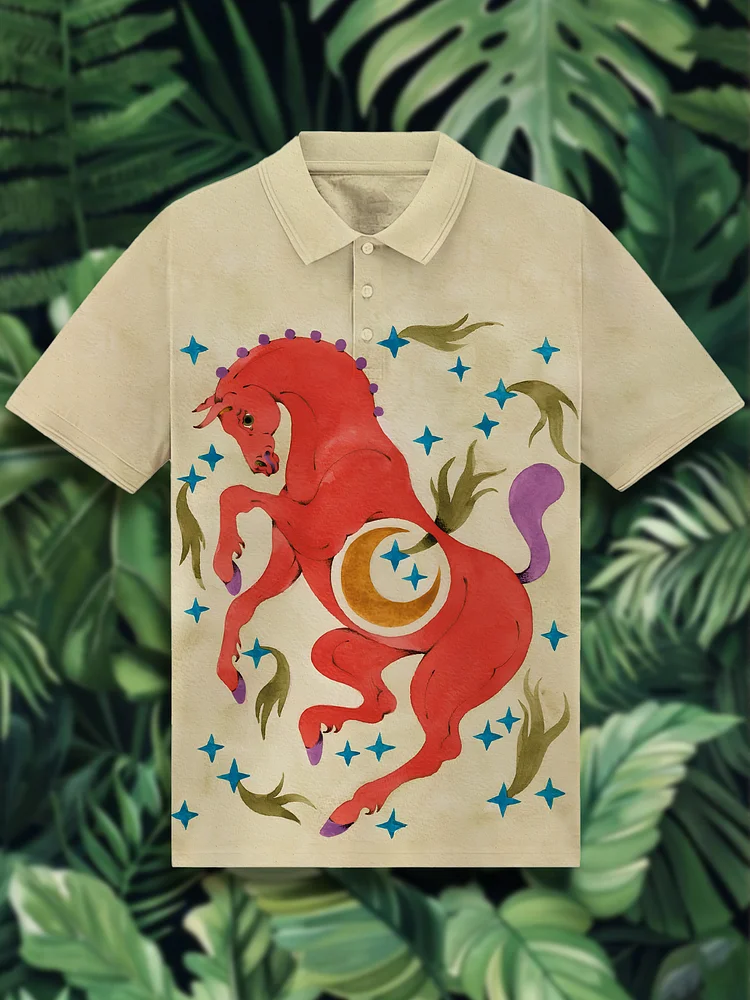 Men's Horse Art Print Short Sleeve Polo Shirt