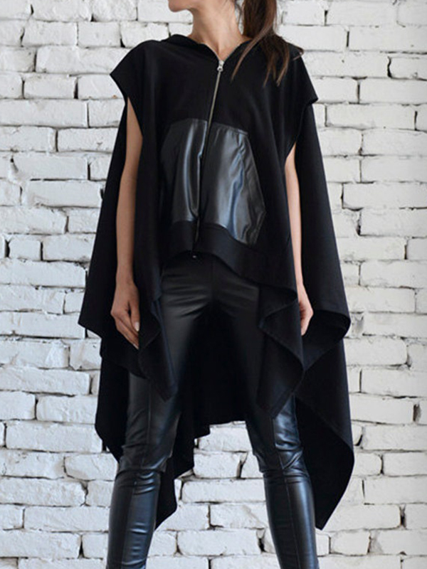 Street Front Leather Pocket Zipper Irregular Hem Blouses