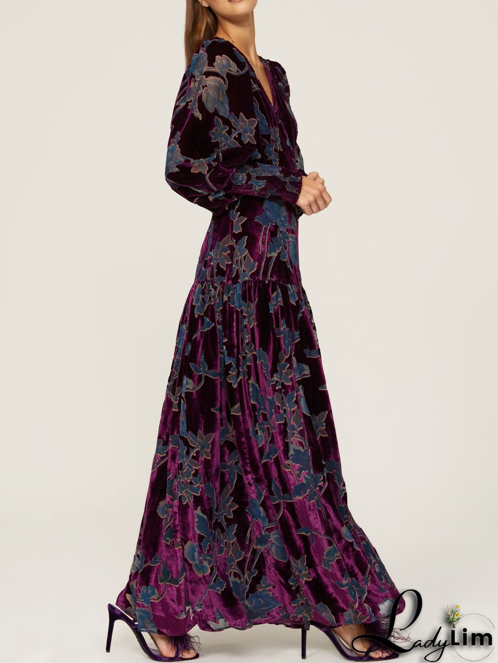 Elegant Floral V Neck Lantern Sleeve Velvet Gown Maxi Dress