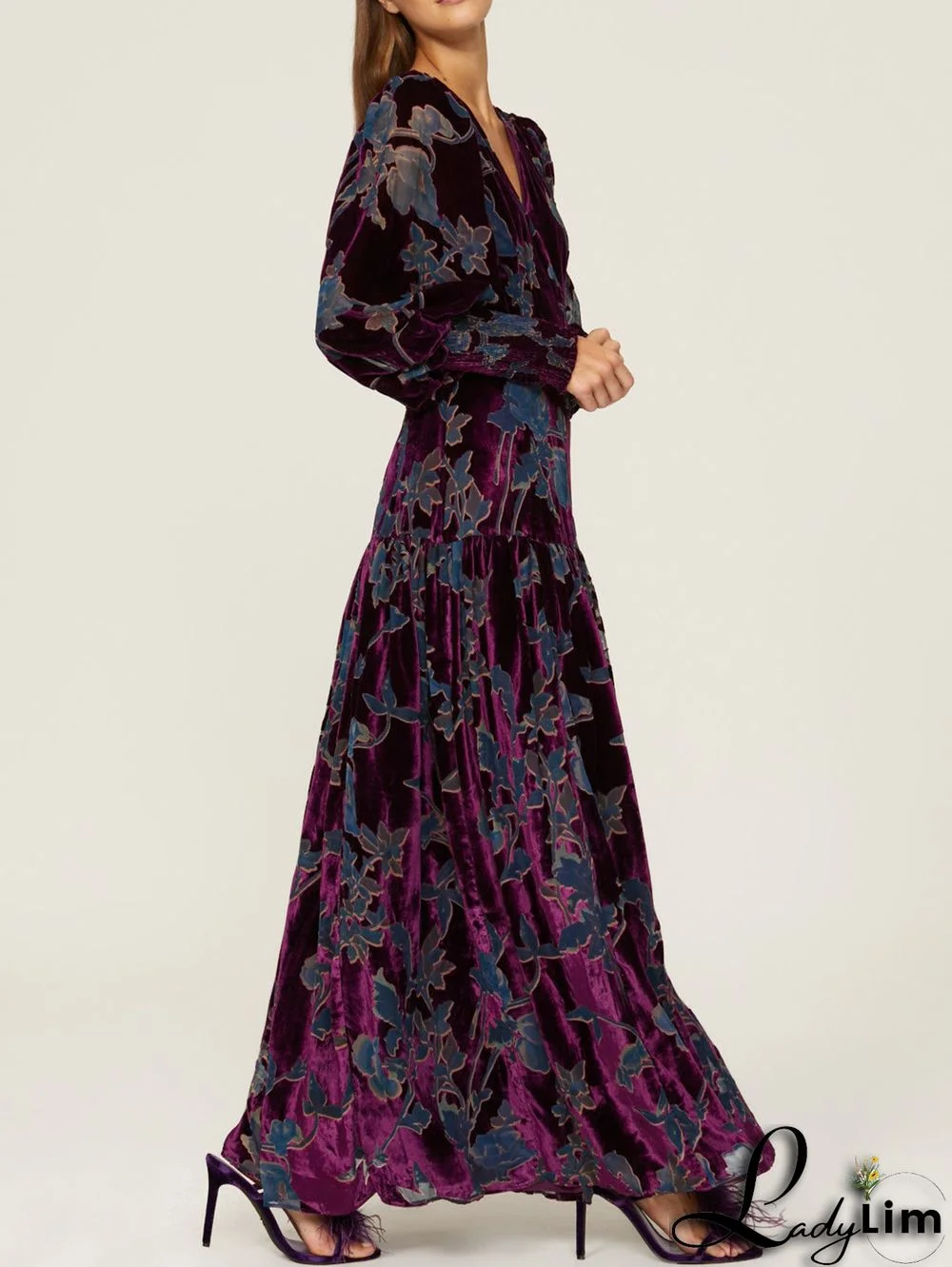 Elegant Floral V Neck Lantern Sleeve Velvet Gown Maxi Dress