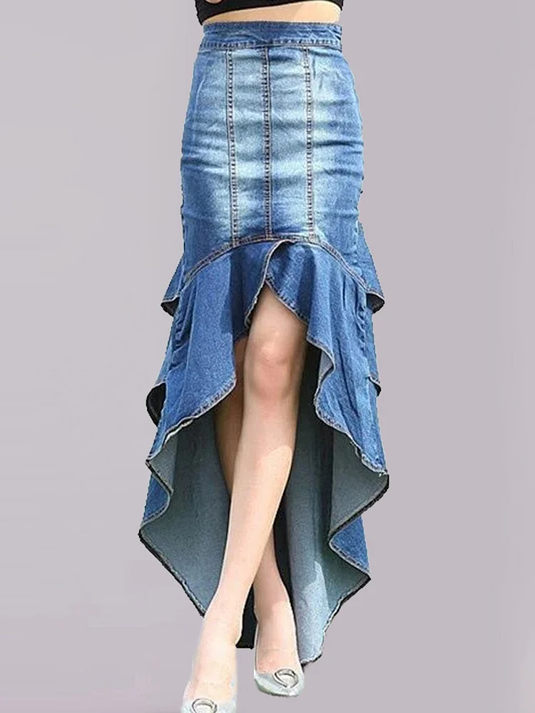 Elegant Plain Light Washed High Low Hem Denim Bodycon Skirt