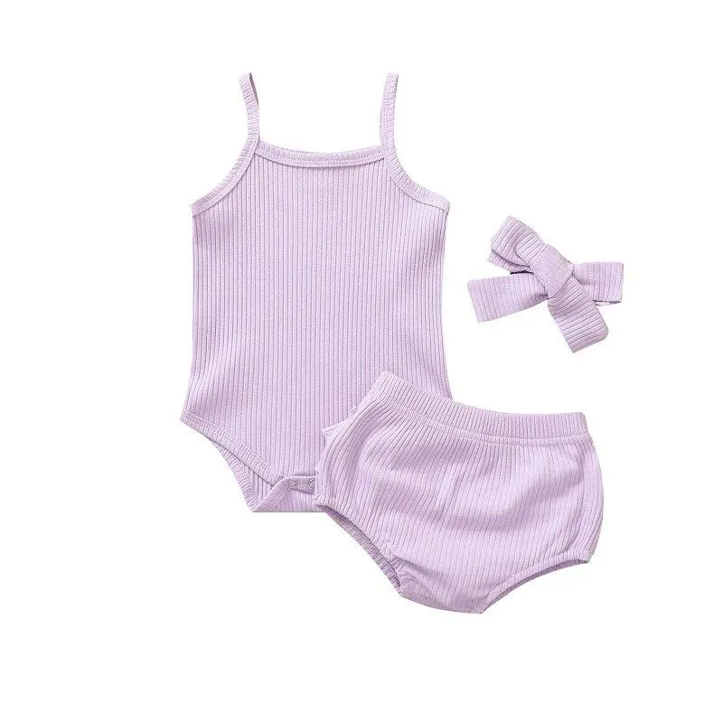 2021 Baby Summer Clothing Infant Newborn Girl 3 Pcs Ribbed Outfits Suits, Sleeveless Knit Romper Tank Top Ruffle Shorts Headband