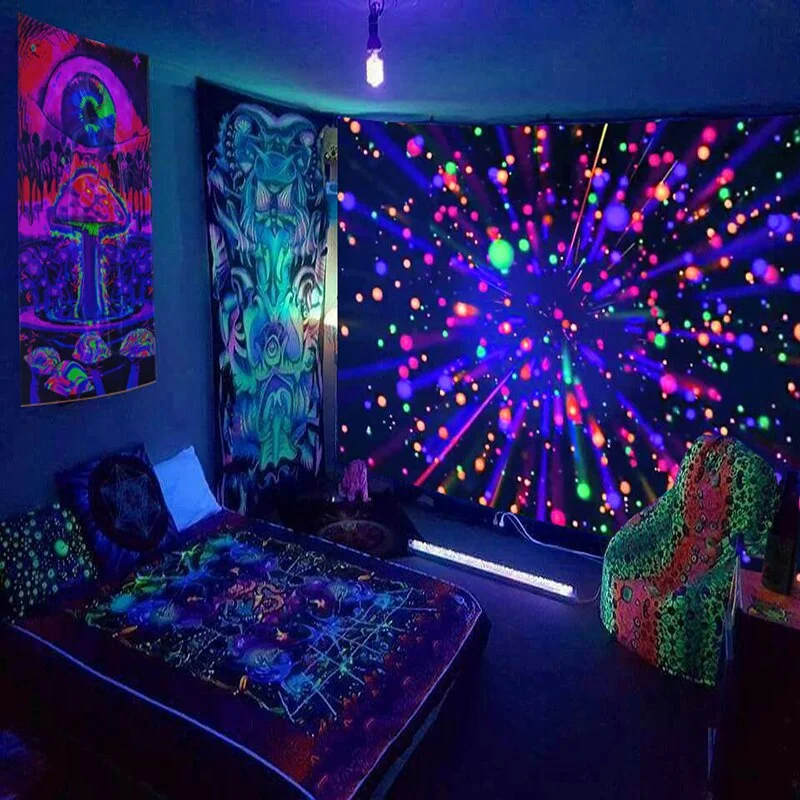 Fluorescent Starry Tapestry Skeleton Mushroom Psychedelic Black Light Wall Hanging Cloth DIY Home Decoration Trippy Room Decor