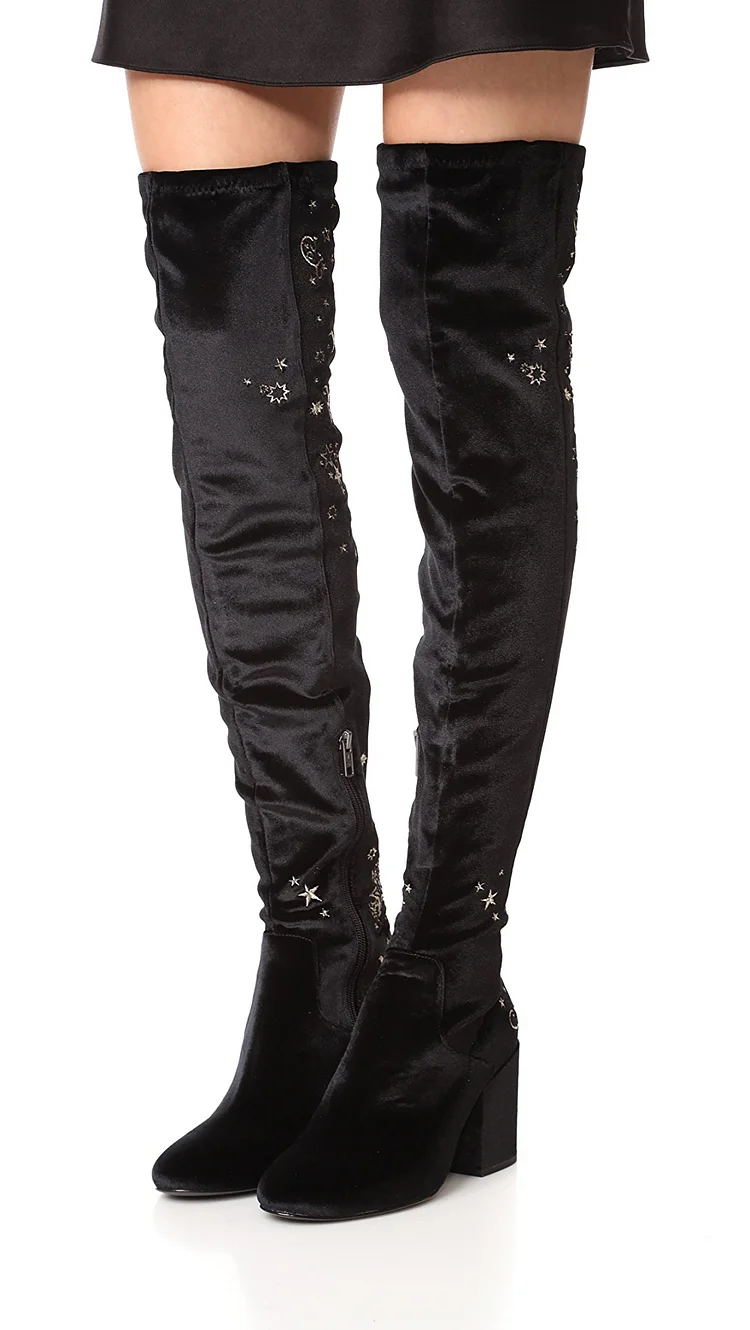 Black Velvet Stars Over-the-Knee Embroidered Boots Vdcoo