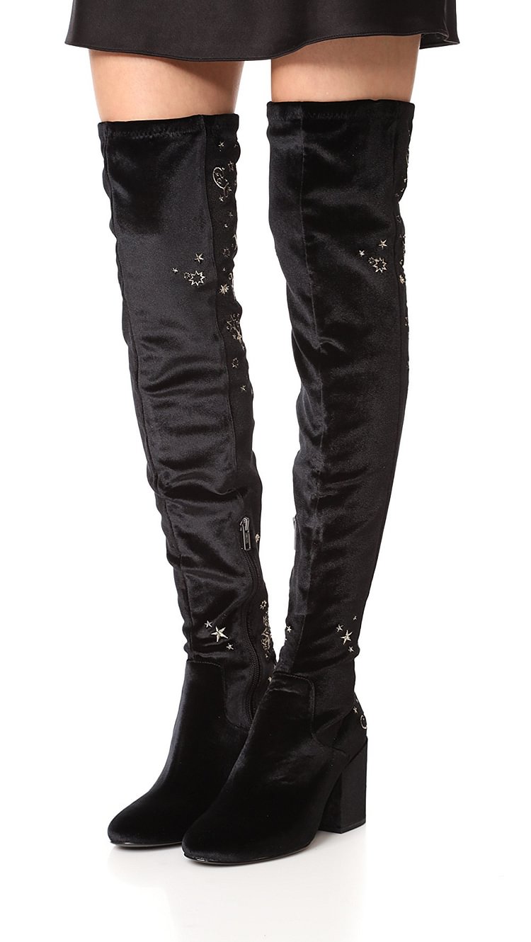 Black Stars Embroidered Long Boots Velvet  Over-the-knee Boots |FSJ Shoes