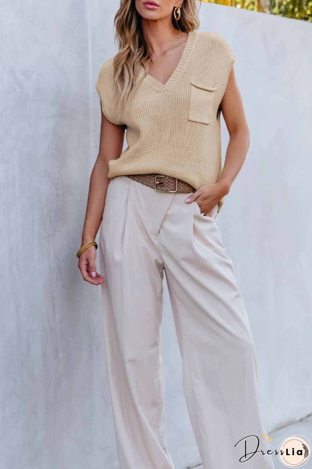 Pocketed V-Neck Cap Sleeve Sweater