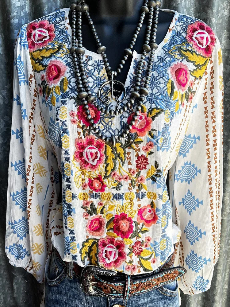 Aztec Casual Long Sleeve Paneled Cotton-Blend Shirts & Tops