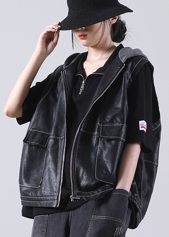 Boutique Black Patchwork Hooded Zippered Fall Pockets Blouse Tops PU Waistcoat CK593- Fabulory
