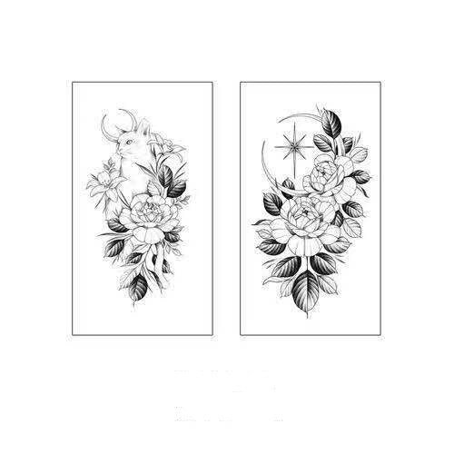2PCS Black Sketch Flower And Cat Temporary Tattoos For Men Women Arm Body Art Waterproof Fake Tatoo Stickers Cool Decals Tattos